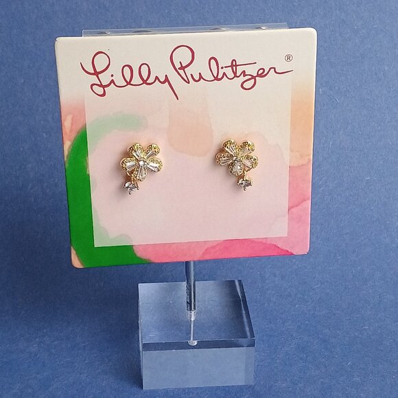 Lilly Pulitzer Flower Stud Dangle Earrings Push Back Gold Tone Dazzling Clear - Picture 1 of 4